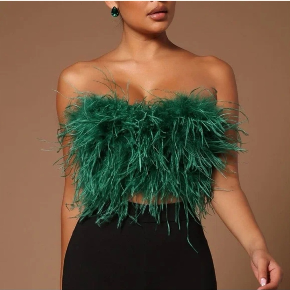 Green Strapless Feather Top